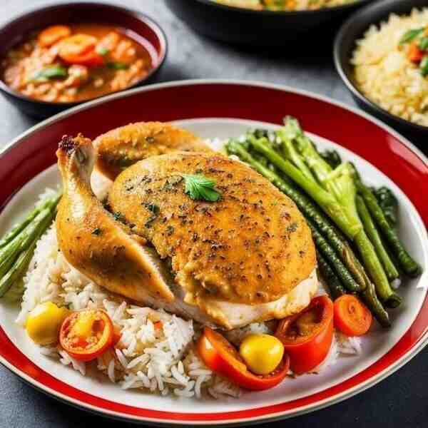 Курица запеченная с овощами и рисом